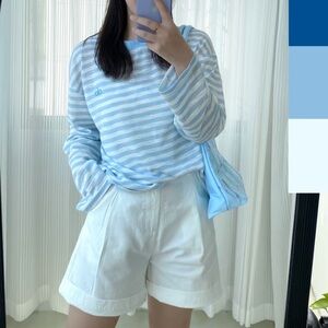 Korean Blue and White Striped Long Sleeve Top
